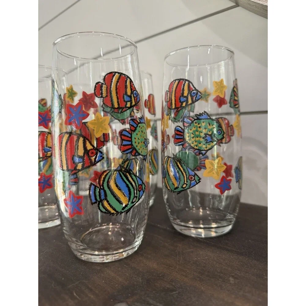 Lot of 5 Libbey 16 oz Tropical Fish Glasses Tumblers Vintage Retro